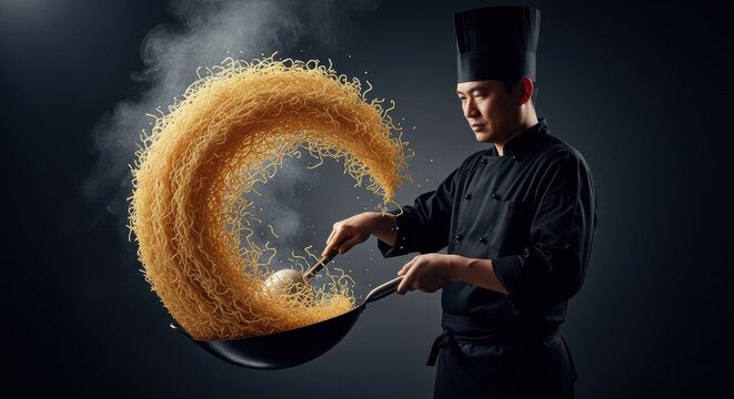 Asian chef skillfully tossing noodles in a wok creating a dynamic culinary display with steam against a dark backdrop