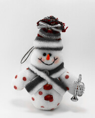 New Year's snowman on white background as symbol of New Year celebration for holiday greeting card in retro style