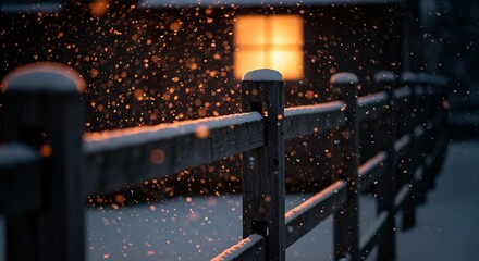 Warm glowing lantern illuminates a snowy evening pathway with falling snowflakes creating a magical winter scene