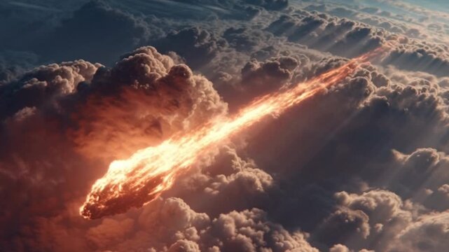 Fiery Meteorite Blazing Through the Atmosphere in a Dramatic Close-Up Shot as the Flame-Engulfed Rock Crashes Toward Earth with Intense Heat, Molten Fragments, and Cinematic Impact Energy