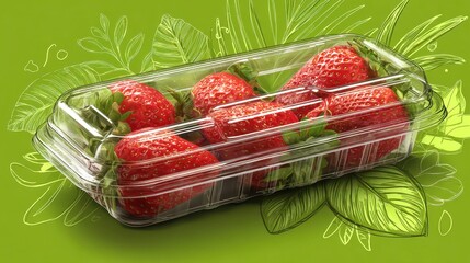 A plastic container with four strawberries inside. The container is on a green background
