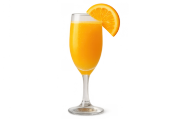 Mimosa cocktail, a refreshing alcoholic beverage, served in a champagne flute, garnished with a fresh orange slice, on a transparent background