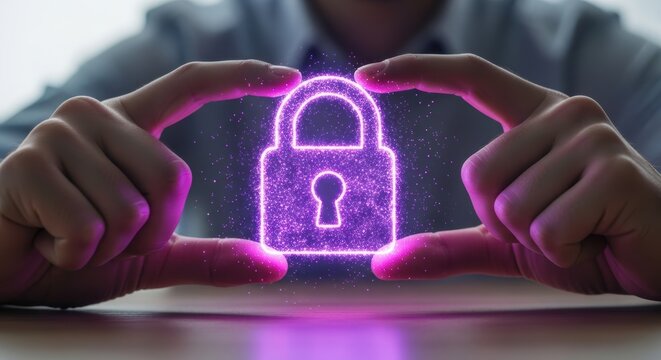 Hands carefully securing a glowing purple padlock symbolizing cybersecurity and digital data protection