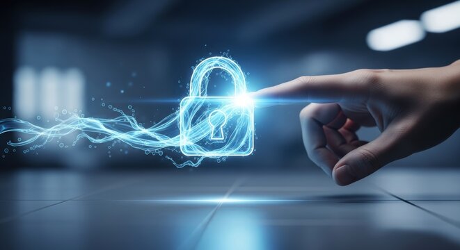 Digital security padlock activates with touch for network firewall and internet data protection through online safety