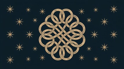 Intricate Golden Swirl Ornament on Deep Navy Blue Background with Starburst Accents