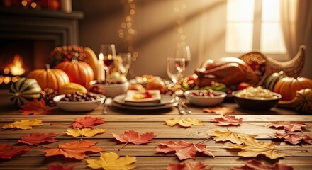 Naklejka premium A festive Thanksgiving table with a turkey, pumpkins, and autumn leaves on a wooden table.