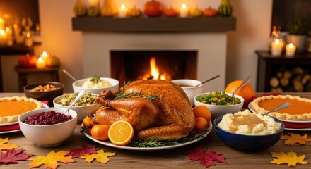 A beautifully arranged Thanksgiving dinner table with a roasted turkey, various side dishes, and a festive atmosphere.