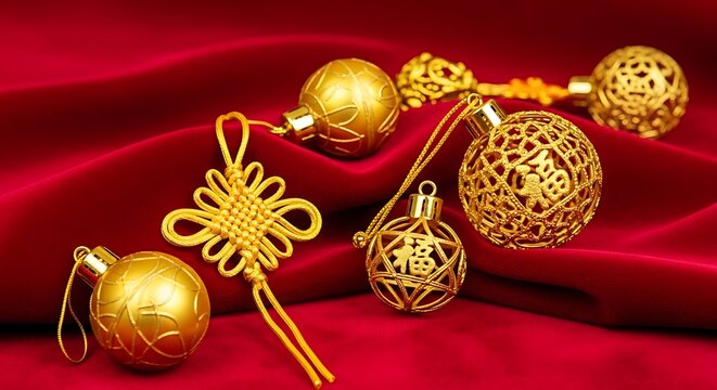 Intricate golden ornaments featuring traditional chinese knots and lanterns adorn a rich red fabric background