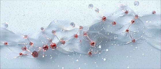 A close-up abstract view of a network of interconnected spheres, resembling a molecular structure, set against a light blue background with flowing lines and sm