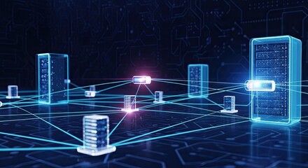 A digital network of servers and data centers interconnected by a glowing blue light.