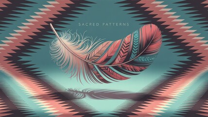 Intricate Feather with Navajo Geometric Background in Dusty Red and Turquoise Digital Art