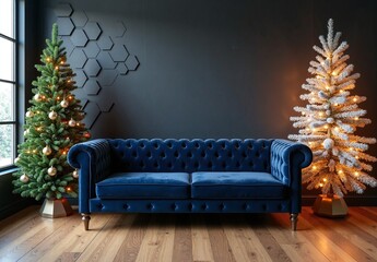 A navy velvet tufted sofa centered against a dark hexagonal wall, with a gold-decorated Christmas tree and snow-frosted lit tree.