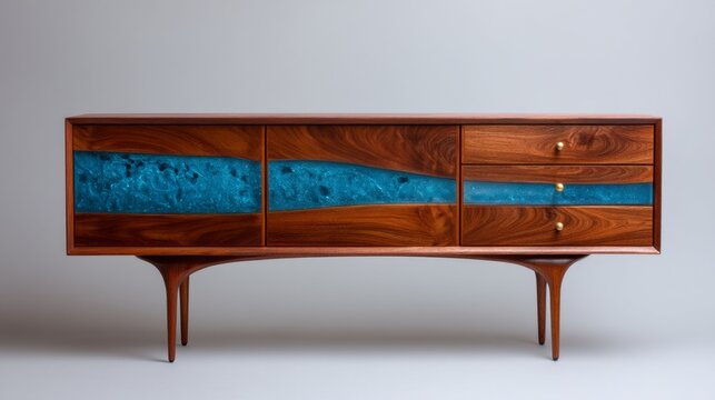 A beautifully crafted vintage furniture piece features rich wood contrasted with vibrant blue epoxy. The elegant design and sleek lines make it a standout choice for contemporary decor