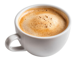 Hot latte with subtle crema in white cup, isolated on transparent background, minimal coffee photography, crisp focus