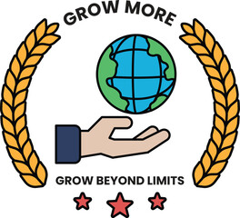 A hand holding a globe with the words Grow More on it