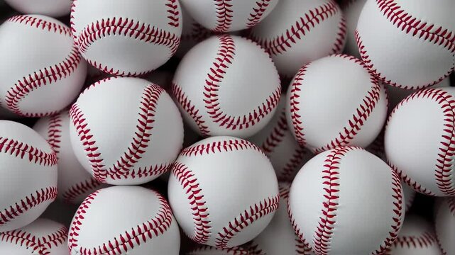 Close-up view of many baseballs stacked together