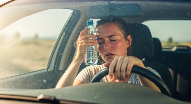 Young caucasian female cooling down in car with water bottle on hot day