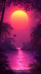 Tropical landscape reflecting big vivid pink moon at sunset
