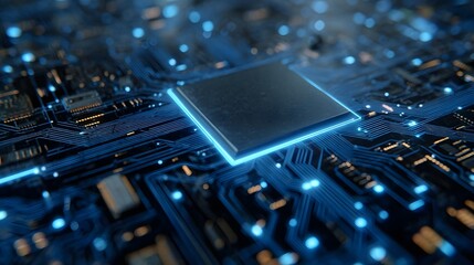 Abstract digital concept showing a detailed close up of a central computer processor chip on a glowing blue circuit board symbolizing innovation and