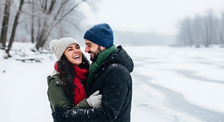 Joyful couple embraces warmly in a snowy winter landscape sharing laughter and affection