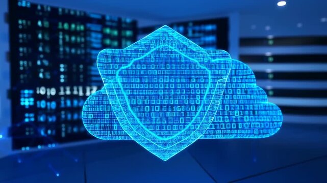Holographic shield and cloud over server racks.  Blue digital shapes of a shield and cloud, composed of binary code, hover over rows of server racks