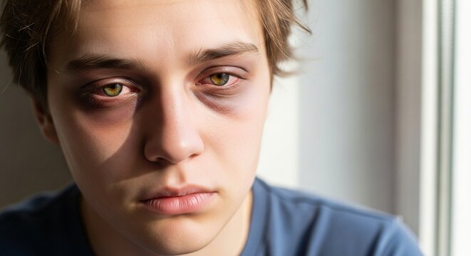 Young Adult Showing Severe Sleep Deprivation, Dark Eye Bags, Red Irritated Eyes, Messy Hair, Soft Window Light Emphasizing Exhaustion