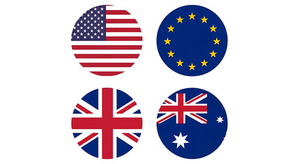 Four oval flags including usa eu uk and australia isolated on white background