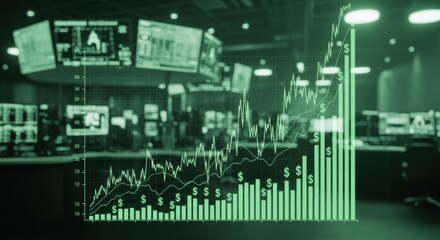 Growing financial graph showcasing stock market success and economic progress in a futuristic green toned setting with financial data monitors
