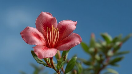 Fototapeta premium A delicate pink flower with prominent yellow stamens is set against a clear blue sky