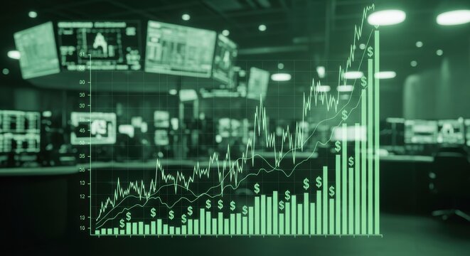 Growing financial graph showcasing stock market success and economic progress in a futuristic green toned setting with financial data monitors