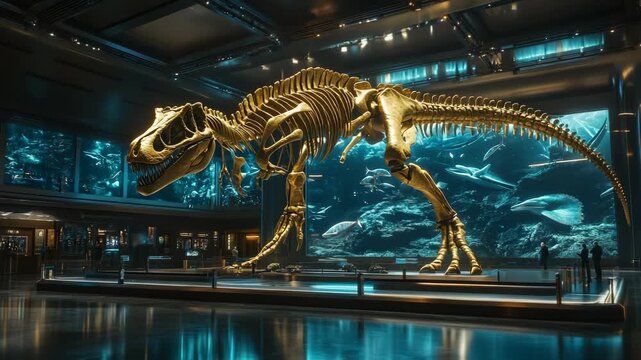 Dinosaur skeleton displayed in futuristic museum hall with digital holographic panels and reflections. A perfect mix of science, art, and technology showing evolution, innovation, and human curiosity