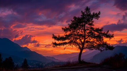 Obraz premium Majestic pine tree silhouetted against a fiery, dramatic sunset. The vibrant orange and purple sky illuminates distant mountains in the background.