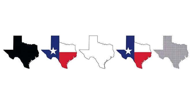 Collection of texas state map silhouettes and flag designs isolated on white background