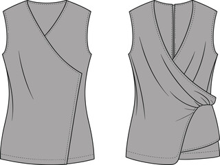 Elegant sleeveless women’s wrap top fashion flat sketch with asymmetric draped front, layered back design, modern blouse template illustration