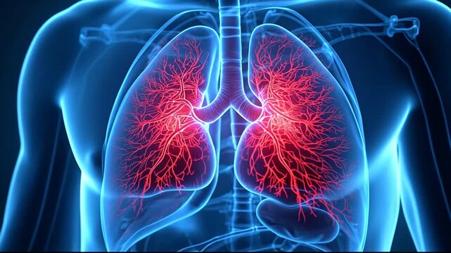 3D rendering of human lungs and respiratory system within a translucent body, highlighting the intricate bronchial tree structure.