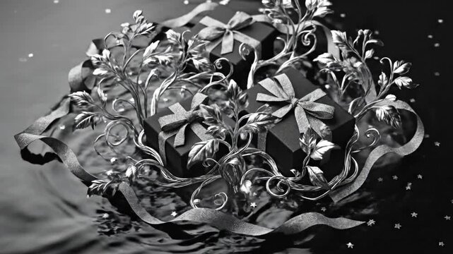 Black and white still life of three black gift boxes with silver ribbons on a dark rippling surface with star-shaped confetti