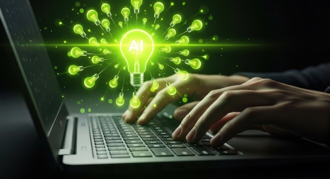 Concept showing lightbulbs surrounding a central one with the letters AI symbolizing innovation and modern technology on a laptop