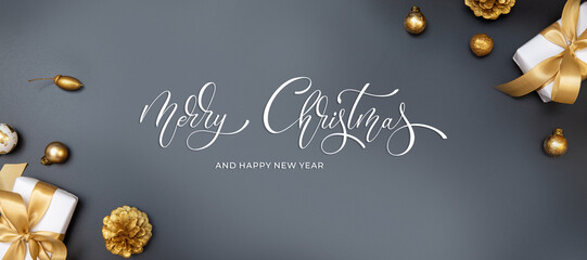 Merry Christmas and Happy New Year greeting card, frame, and banner. Holidays design. Noel and...