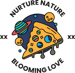 A pizza with a galaxy on it and the words nurturing nature blooming love