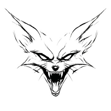 Feral fox snarls ferociously with open mouth and sharp teeth