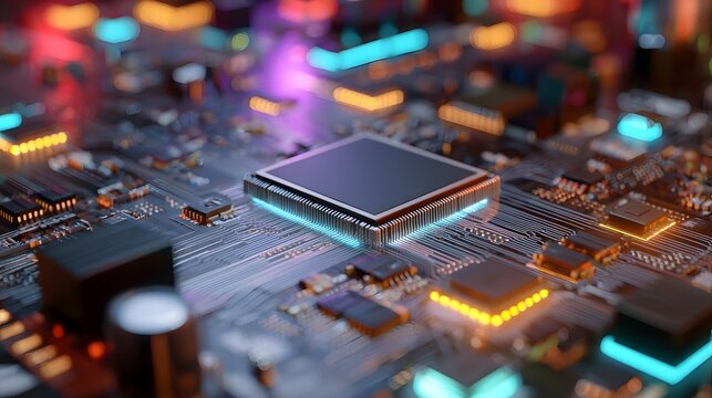 A close up view of a glowing central processor on a futuristic circuit board with neon lights