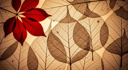 Close-up of transparent leaf skeletons and one red leaf against a light background, showing intricate vein details, representing nature and pattern