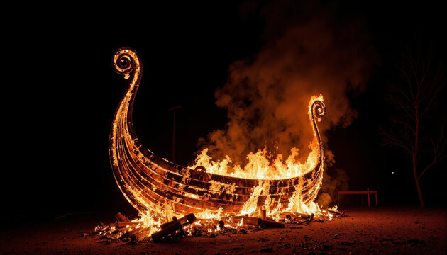 Viking ship burning in a ceremonial fire at night for Up Helly Aa - Powered by Adobe