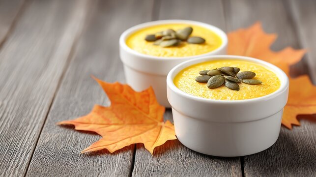 Two bowls of silky pumpkin soup sit on a wooden table, adorned with pumpkin seeds. Vibrant autumn leaves add a seasonal touch, inviting warmth and comfort on a chilly day