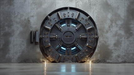 A detailed, eye-level shot of a robust, reinforced steel door, sealed with multiple visible high-tech locking mechanisms including glowing laser grids and rotating mechanical bolts, set against a star