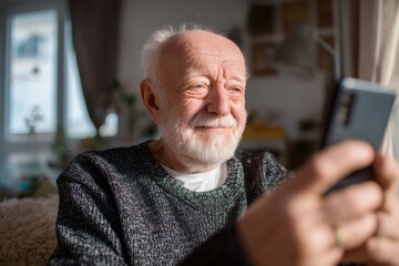 Elderly man smiling while using smartphone in cozy indoor setting during the afternoon