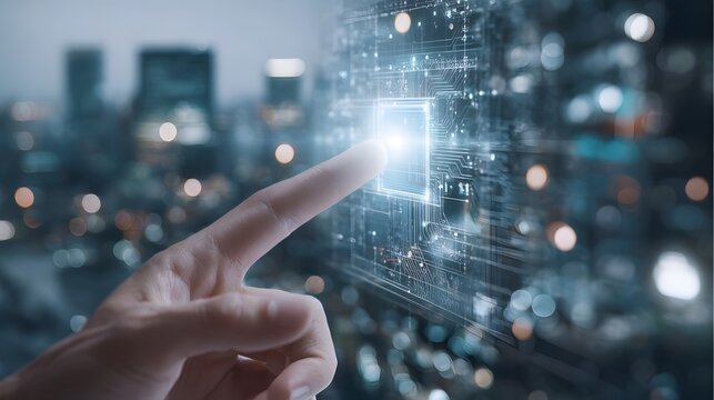 A human finger touches a glowing digital interface representing technology and innovation against a blurred city skyline