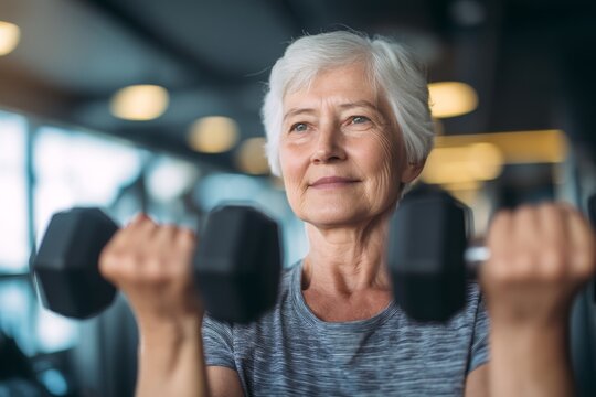 Older woman lifting dumbbells in a modern gym during a strength training session focused on fitness and health - Powered by Adobe