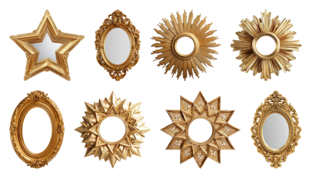 PNG Elegant gold ornate mirror frames, element set on transparent background