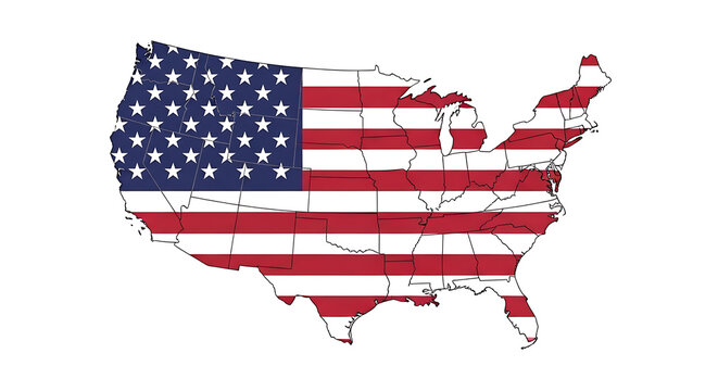 Outline map of the united states filled with the american flag design isolated on white background